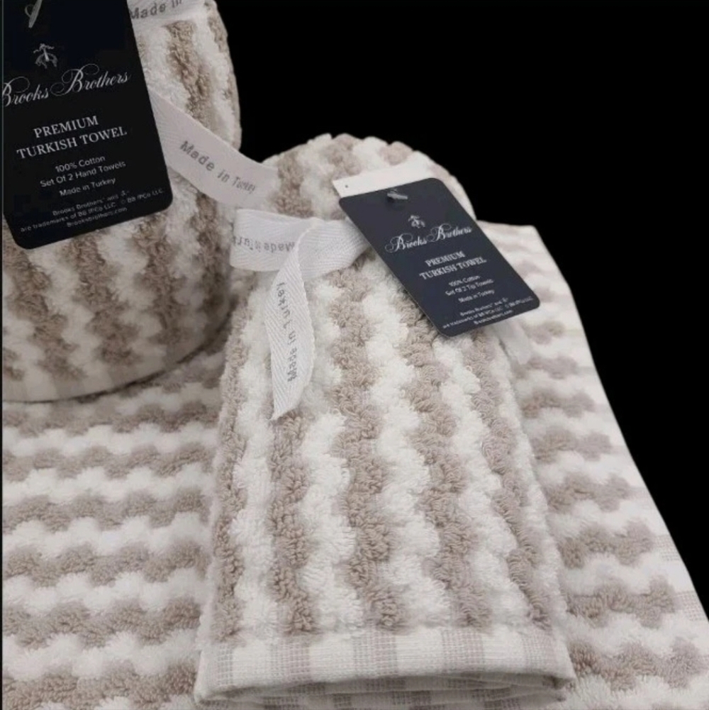 6pc BROOKS BROTHERS Tan White THICK PLUSH Bath Hand Tip TURKISH Towel Set New - Picture 3 of 8